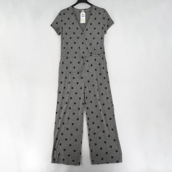 Alternative Jumpsuit Women Faux Wrap V-Neck Star Print Straight Leg Knit Gray - Picture 3 of 7
